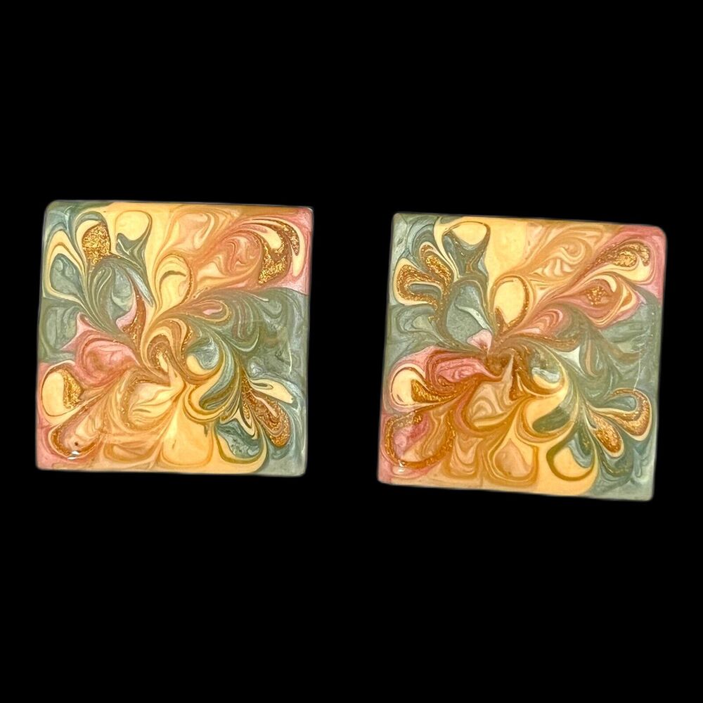 Vintage 1980s Clip On Earrings Hand Painted Shimmer Enamel Swirl - 2X